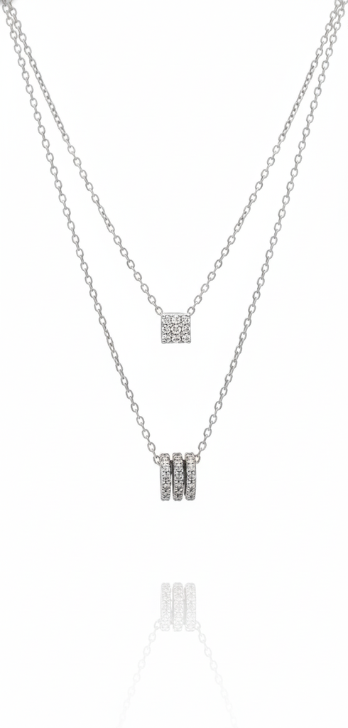 Silver neck chain - Geometric Silver Double Layer Necklace